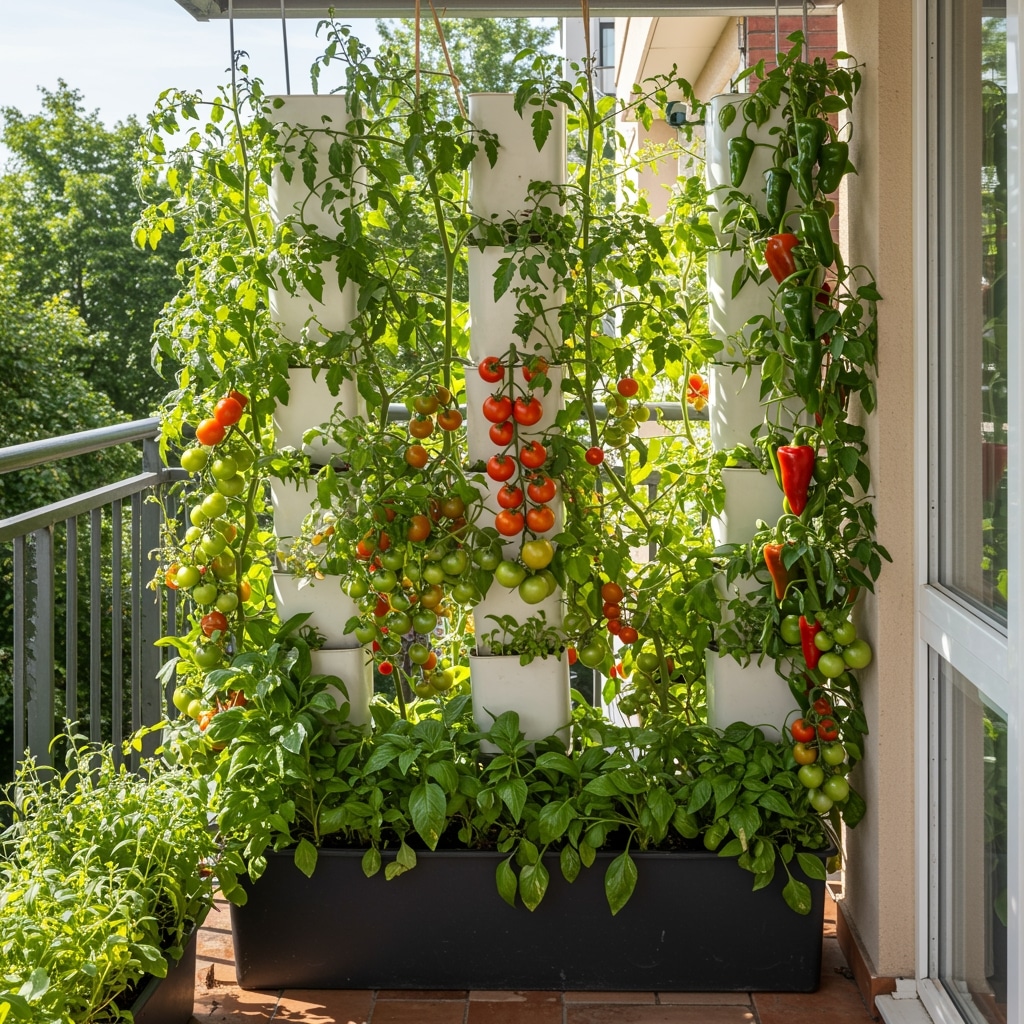 Vertical vegetable garden on a balcony with tomatoes and peppers