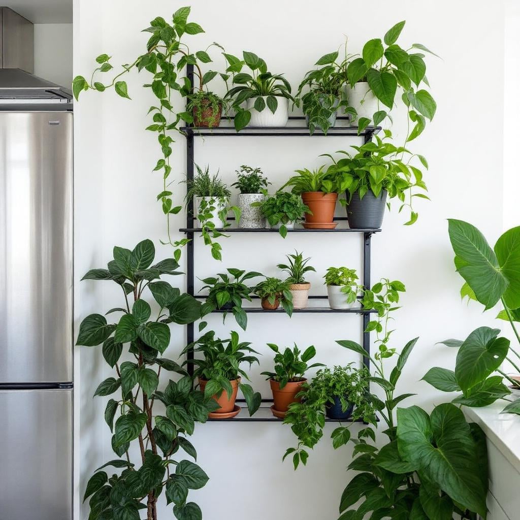 Apartment vertical garden with houseplants and herbs.