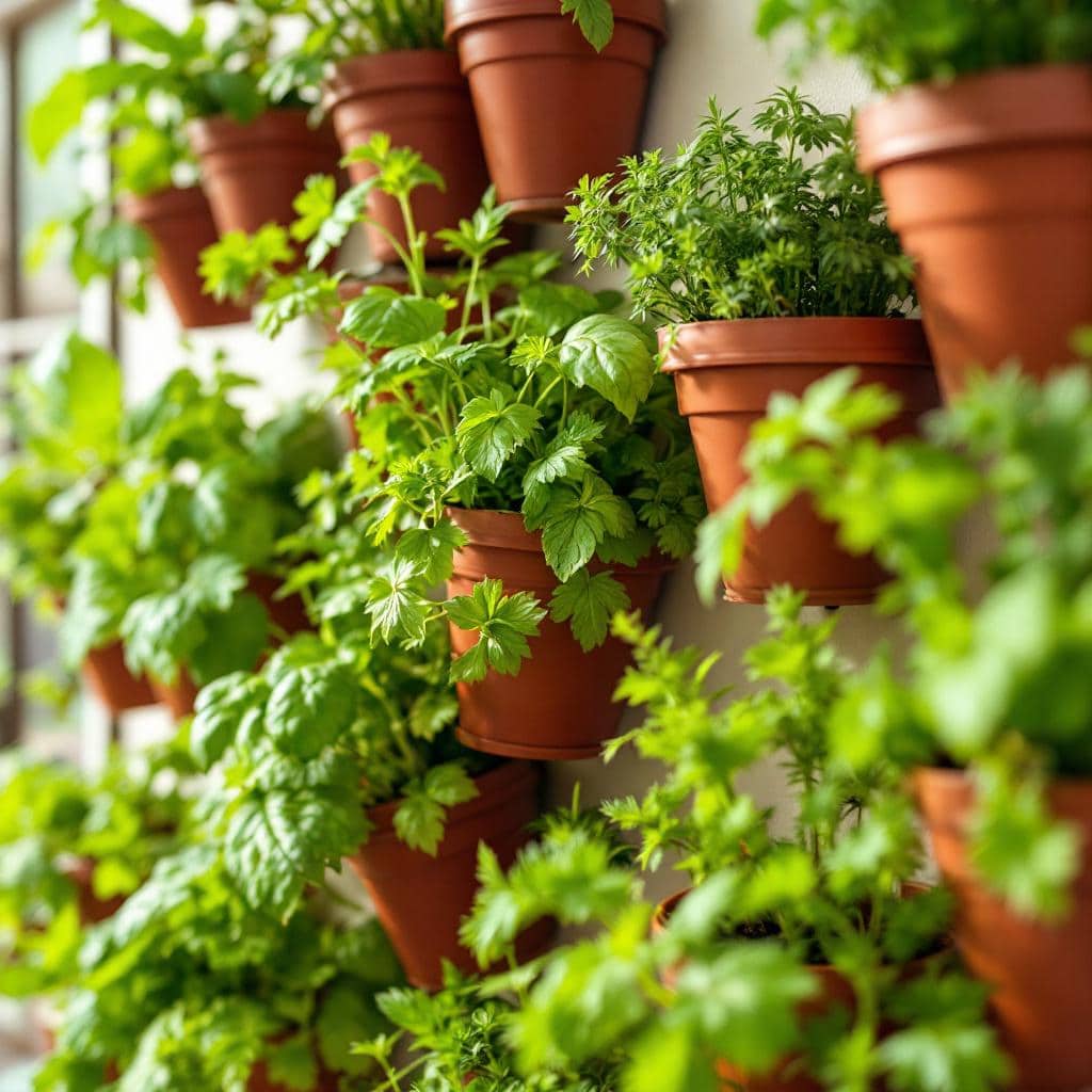 How to Make a Vertical Herb Garden for Your Kitchen 3 Basil, parsley, thyme, and mint in a vertical herb garden
