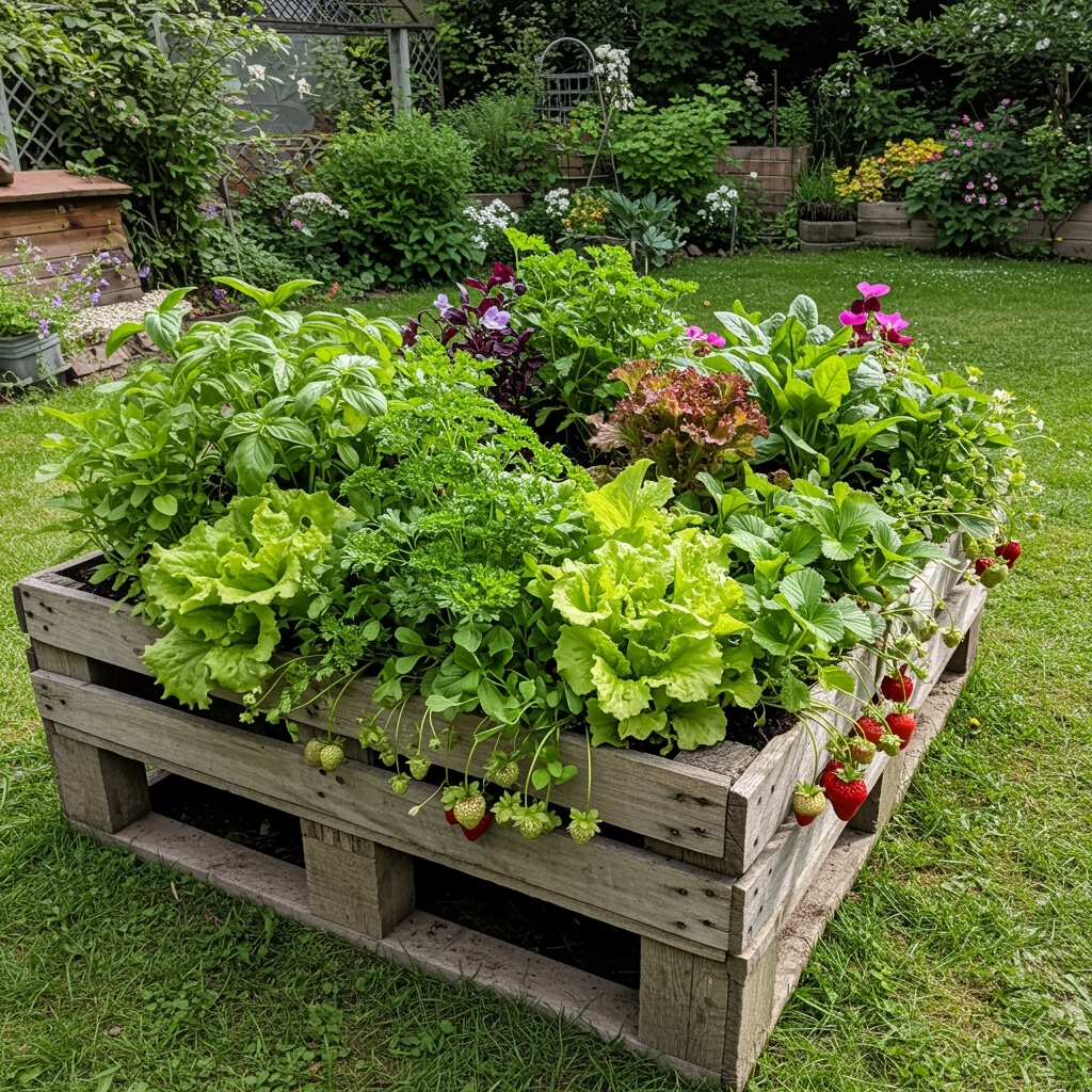Herbs, vegetables, and flowers in a pallet vertical garden