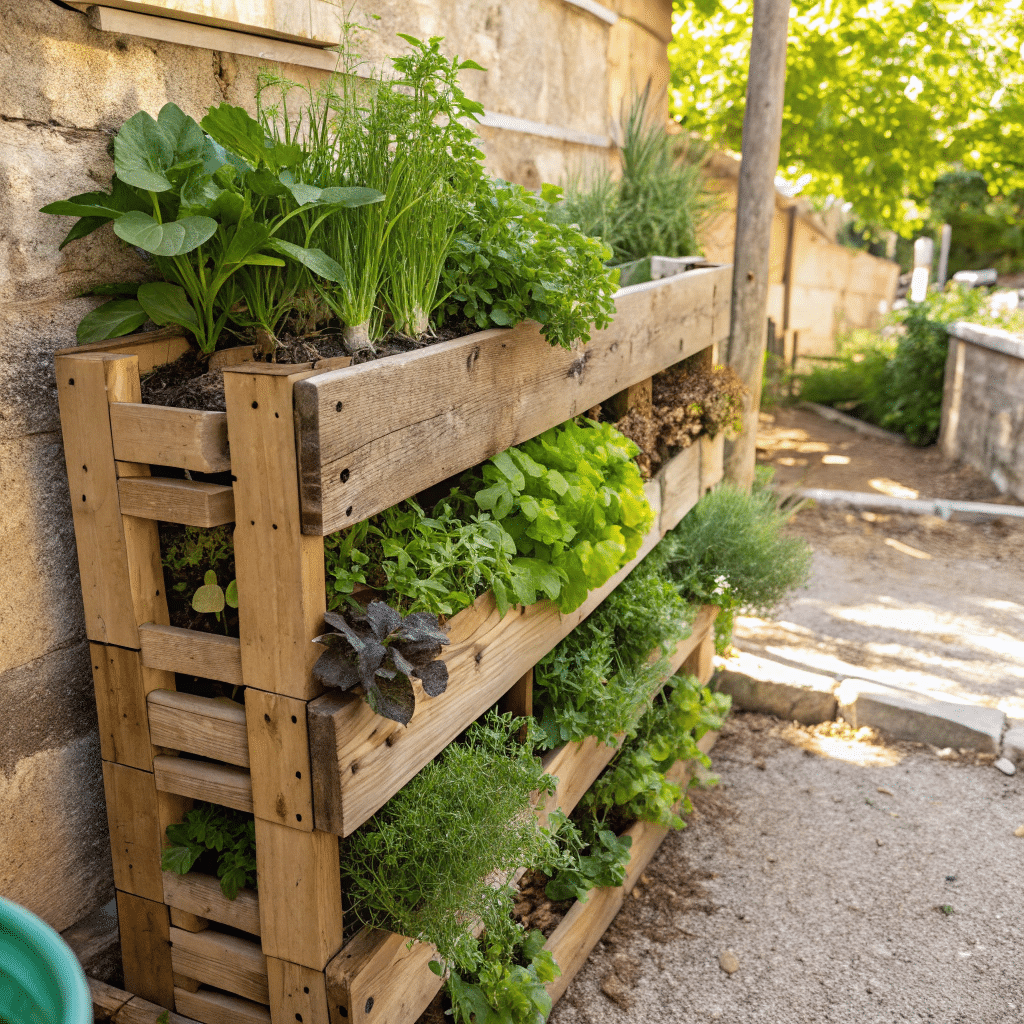 Budget-friendly pallet vertical garden filled with herbs and leafy greens