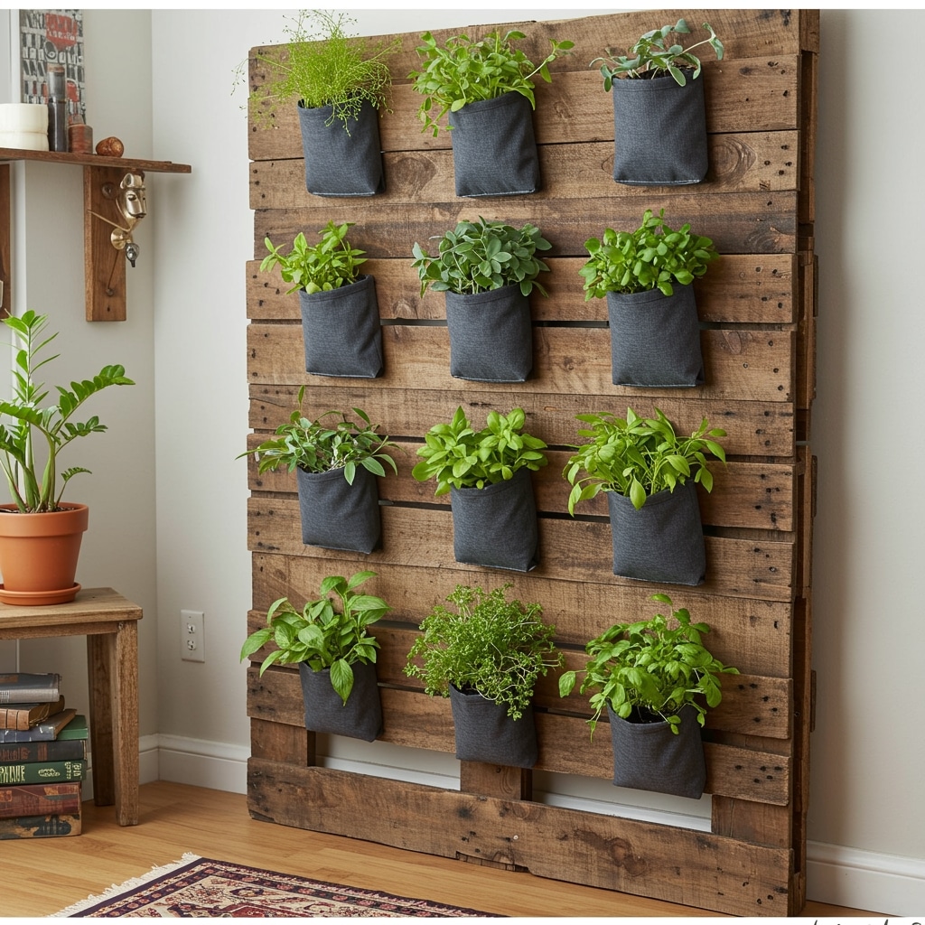 DIY pallet vertical garden inside an apartment.