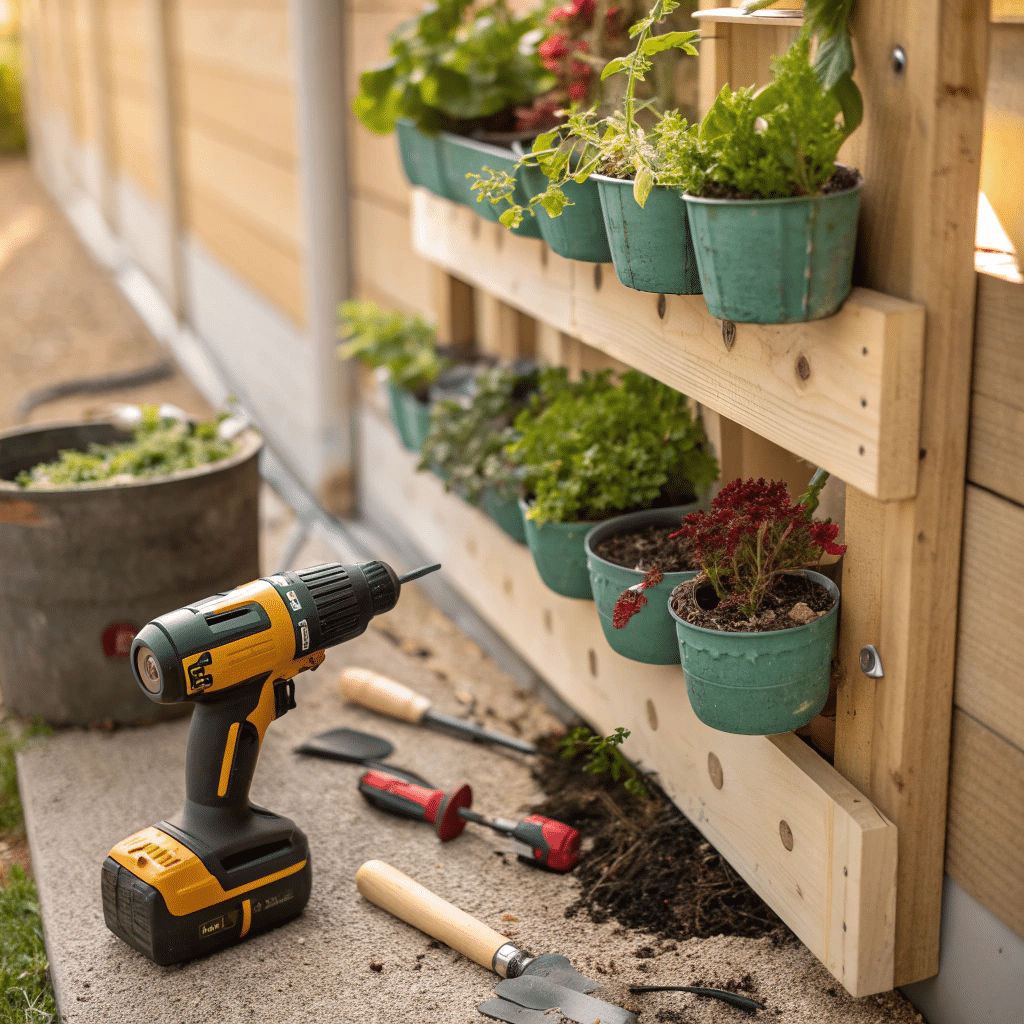 DIY vertical garden under construction with recycled containers and tools
