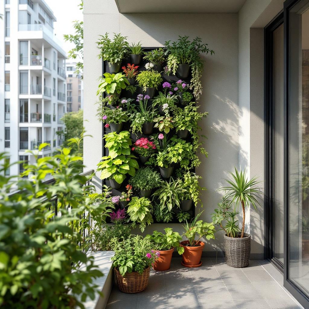 Beginner-friendly DIY vertical garden setup on a sunny balcony with herbs and flowers