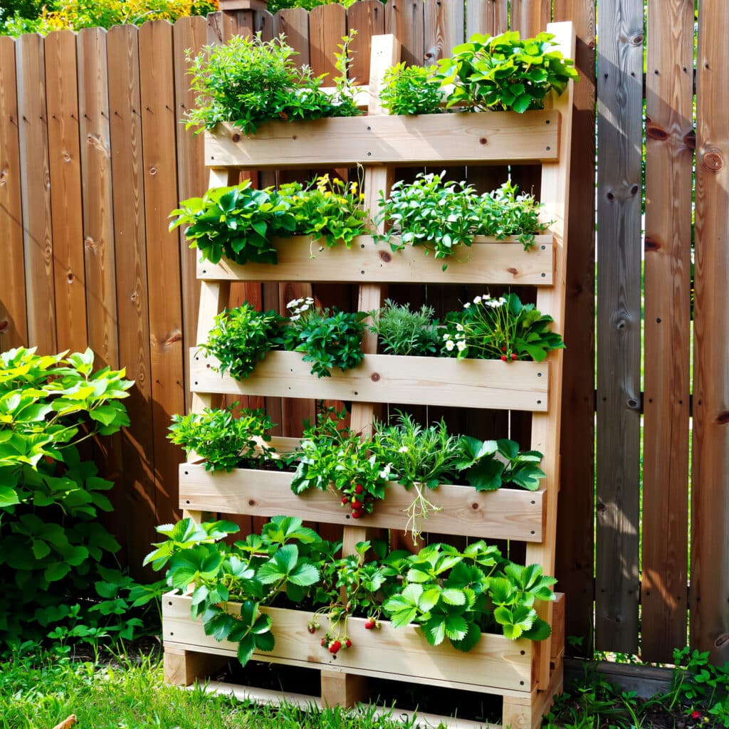 Rustic pallet vertical garden with herbs and flowers