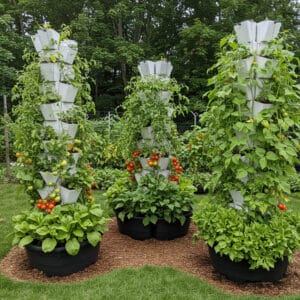 Vertical vegetable garden with tomatoes, cucumbers, beans, and lettuce