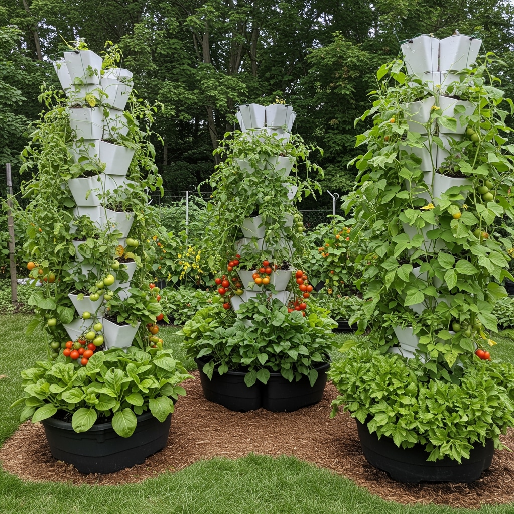 Vertical vegetable garden with tomatoes, cucumbers, beans, and lettuce