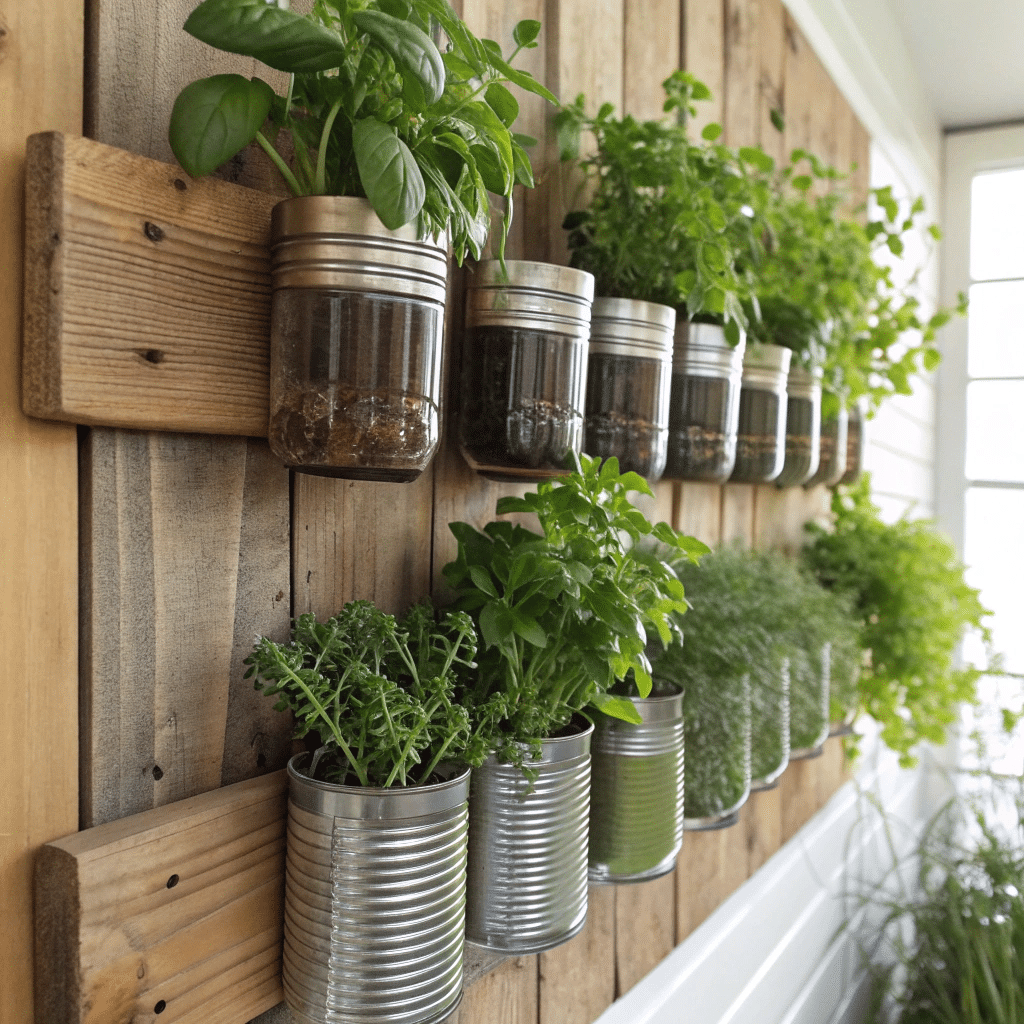 Mason jar and tin can vertical herb garden