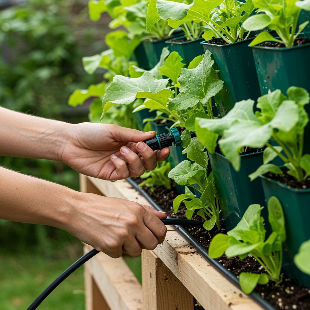 Drip irrigation system watering a pallet vertical garden