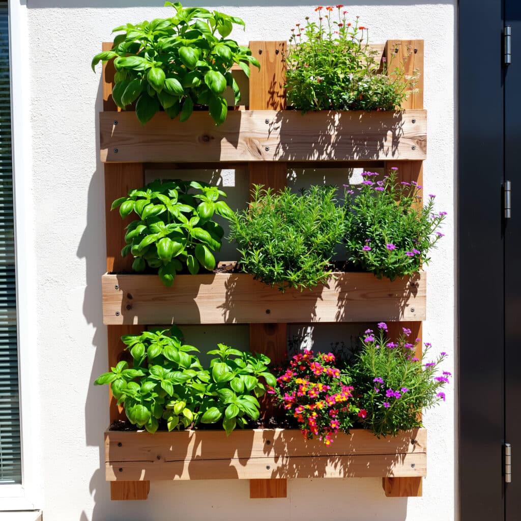 Fully planted pallet vertical garden with herbs and flowers in a backyard