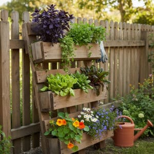 Wooden pallet vertical garden with herbs and flowers