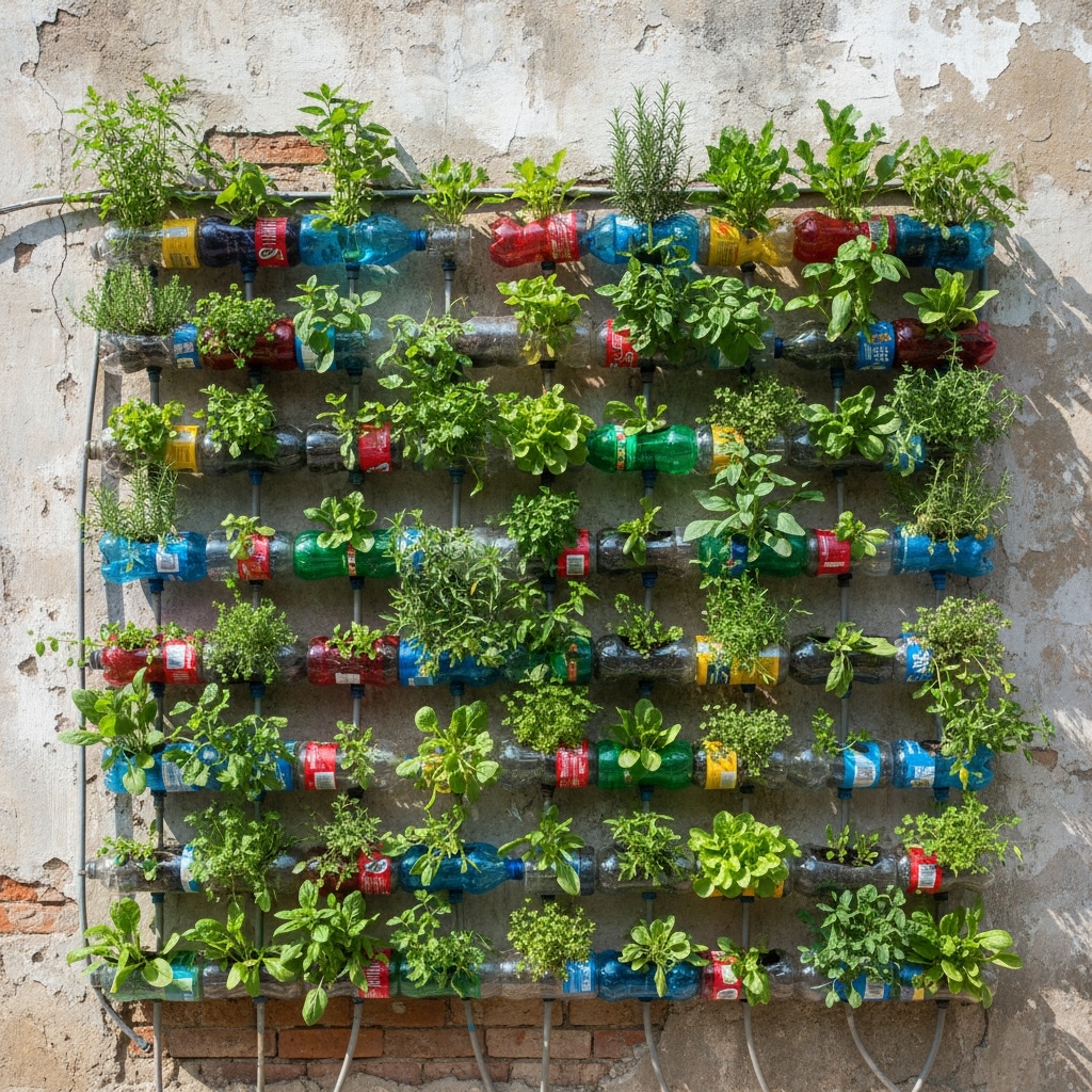 Plastic bottle vertical garden with herbs