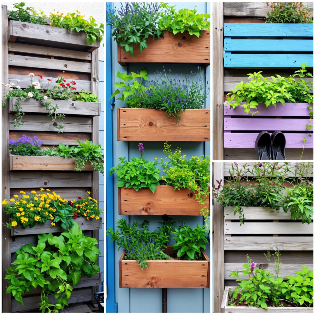 Vertical garden designs made from recycled materials like ladders, crates, and rain gutters