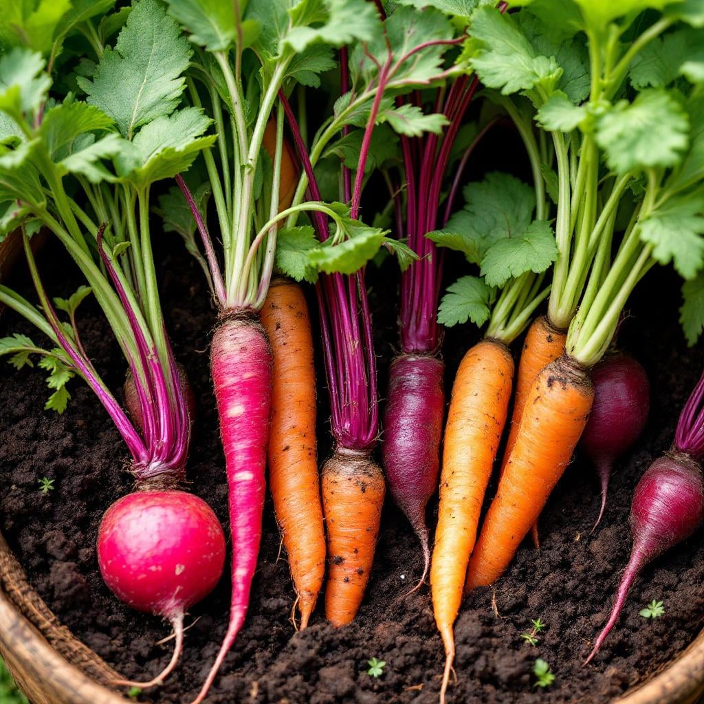 Radishes, carrots, and beets in vertical containers