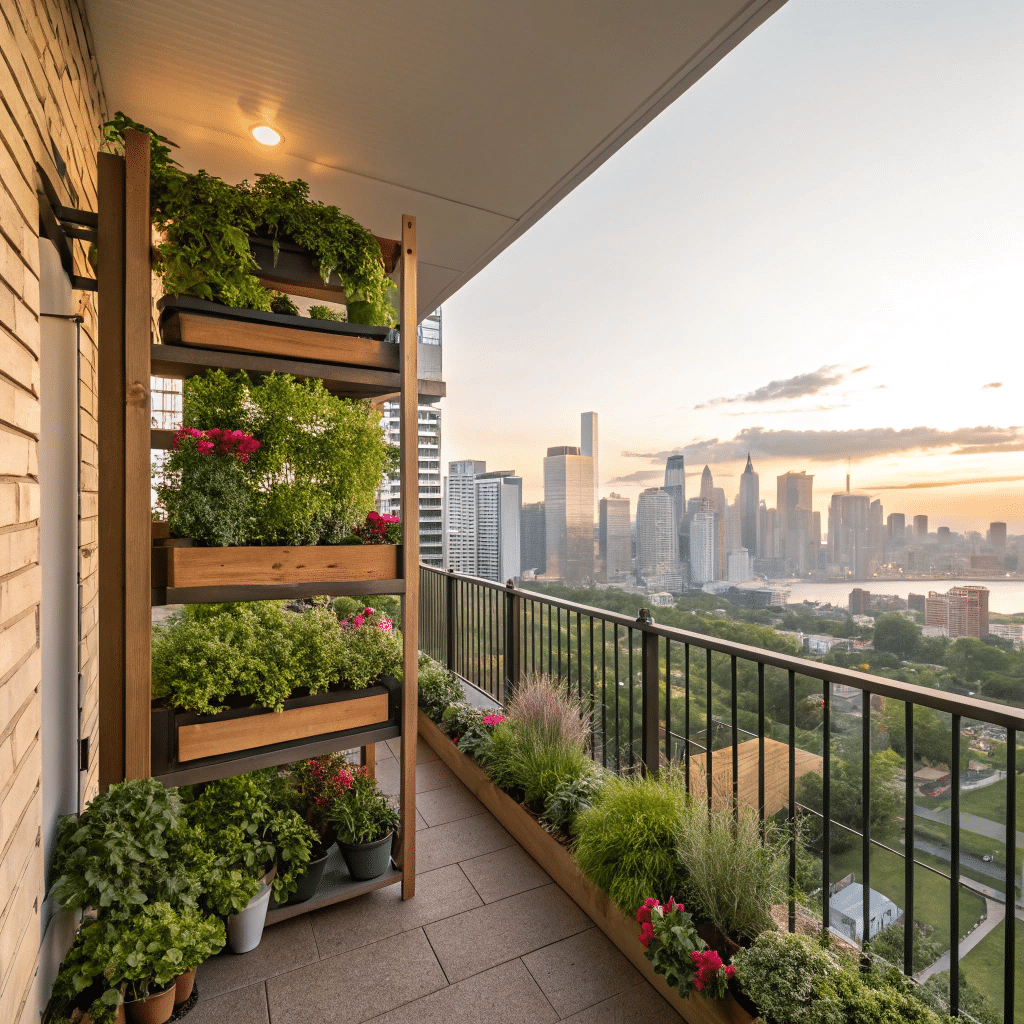Small balcony vertical garden with herbs and vegetables in recycled planters