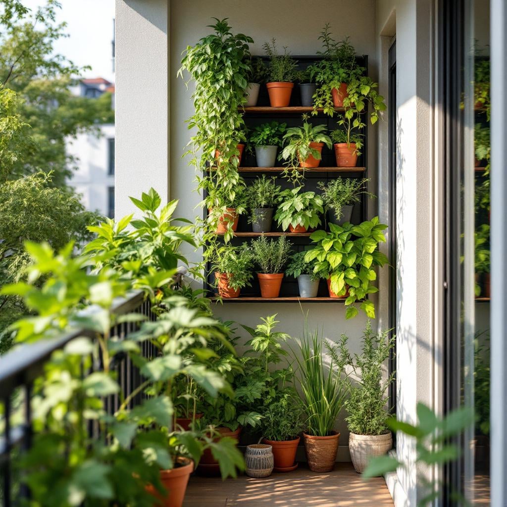 Small balcony vertical garden with herbs and greenery.