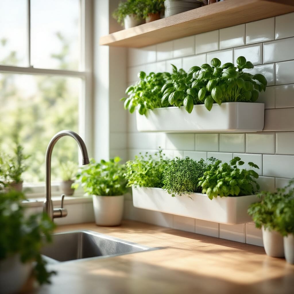 Wall-mounted vertical herb garden with basil, parsley, and thyme in a kitchen