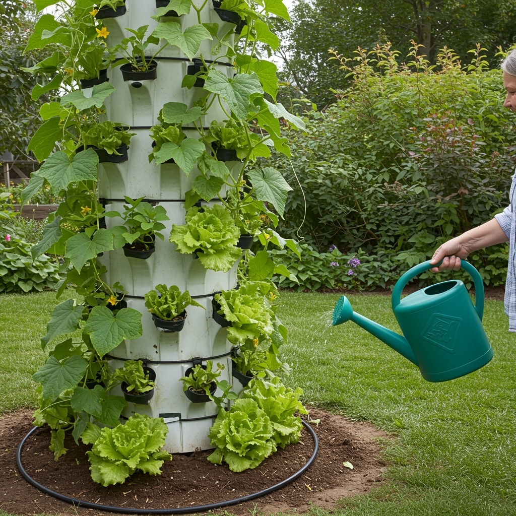 Watering system in a vertical vegetable garden