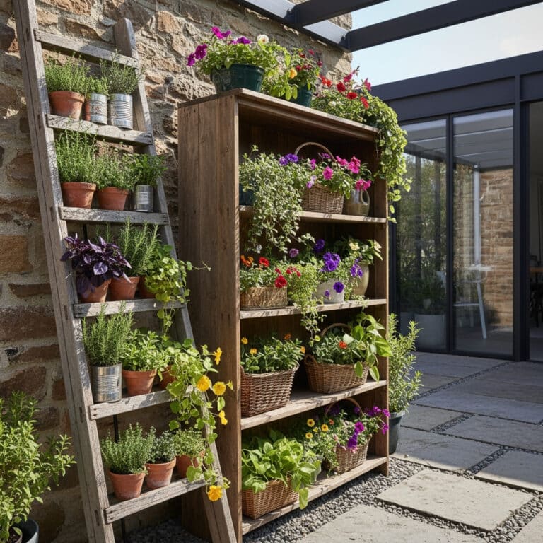 Ladder and shelf vertical garden with herbs and flowers