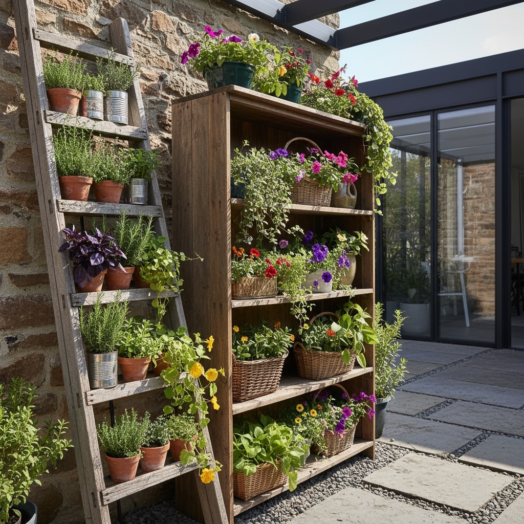 Ladder and shelf vertical garden with herbs and flowers