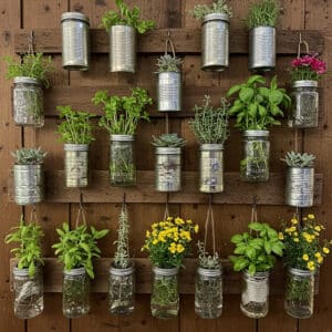 Mason jar and tin can vertical garden with herbs and succulents